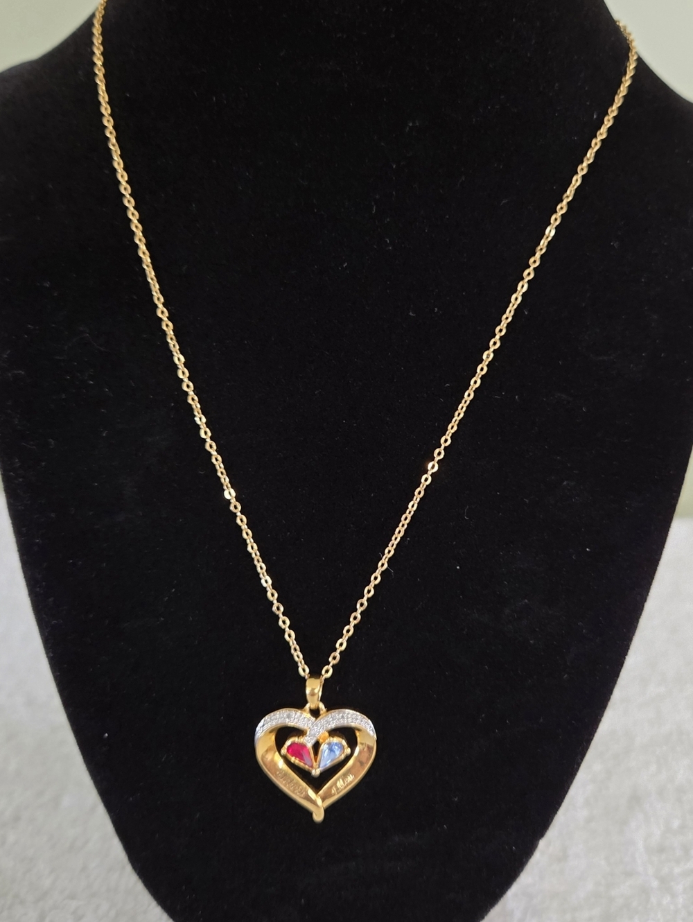 Dandury Mint 14k GP Heart Pendant Necklace-Crystal Birthstones&Pave Set Diamonds - Picture 3 of 5
